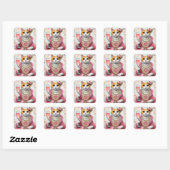 Schattige Cat Roze Jurk Met Parels Met Drink Vierkante Sticker (Vel)