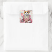 Schattige Cat Roze Jurk Met Parels Met Drink Vierkante Sticker (Tas)