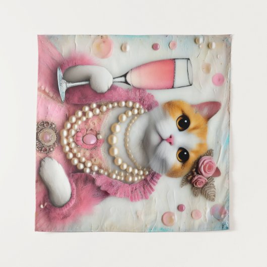Schattige Cat Roze Jurk Met Parels Met Drink Wandkleed (Voorkant (horizontaal))