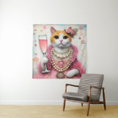 Schattige Cat Roze Jurk Met Parels Met Drink Wandkleed (In situ)