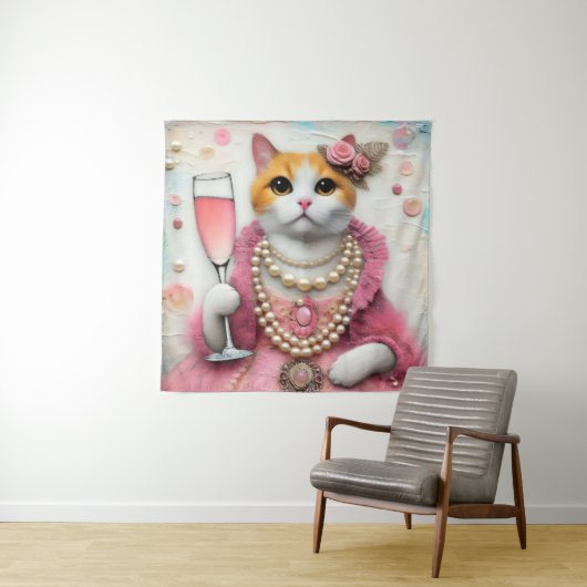Schattige Cat Roze Jurk Met Parels Met Drink Wandkleed (In situ)
