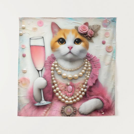 Schattige Cat Roze Jurk Met Parels Met Drink Wandkleed (Voorkant)