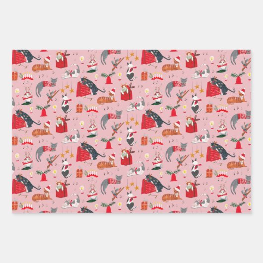 Schattige Cat Roze Rood Groen Retro Patroon Kerst Inpakpapier Vel (Voorkant 2)