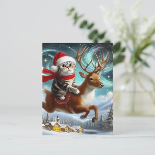 Schattige Cat Santa en het rendierkerstfeest Briefkaart (Staand voorkant)