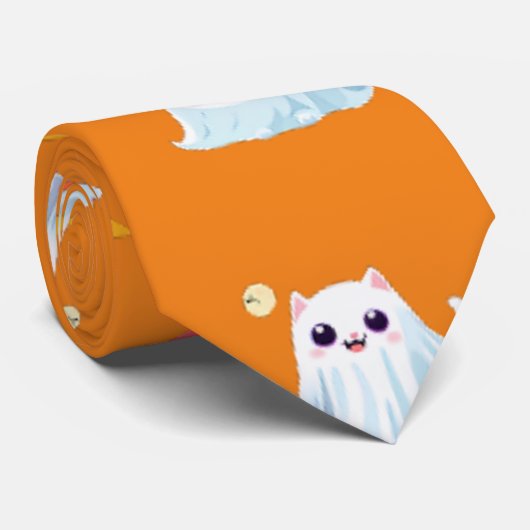 Schattige Cat spookblad Halloween pompoen feestges Stropdas (Opgerold)