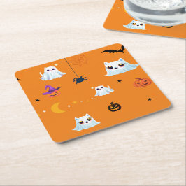 Schattige Cat spookblad Halloween pompoenfeest Kartonnen Onderzetters