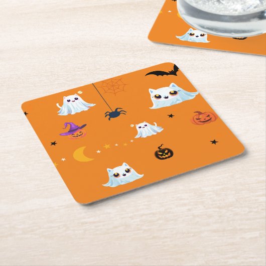 Schattige Cat spookblad Halloween pompoenfeest Kartonnen Onderzetters (Schuin)