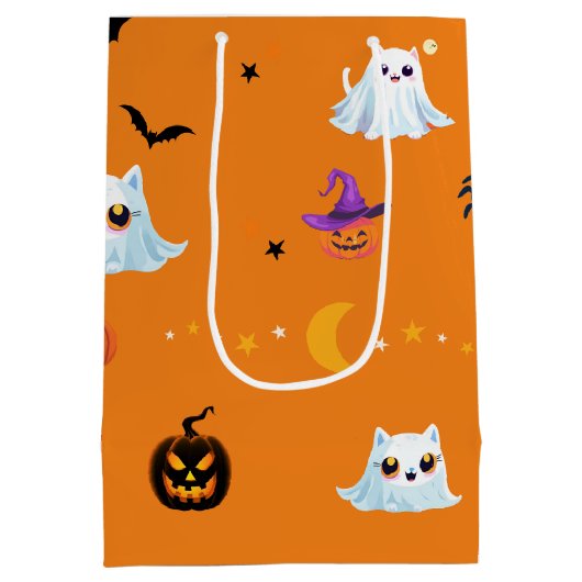 Schattige Cat spookblad Halloween pompoenfeest Medium Cadeauzakje (Achterkant)
