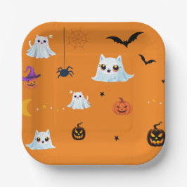 Schattige Cat spookblad Halloween pompoenfeest Papieren Bordje