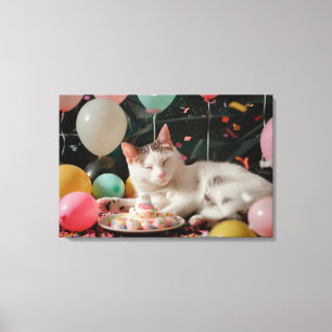 Schattige Cat Verjaardagsviering Ontwerp Canvas Afdruk