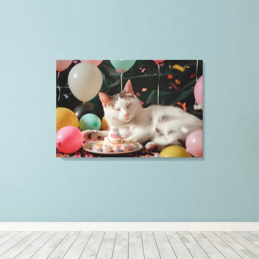 Schattige Cat Verjaardagsviering Ontwerp Canvas Afdruk (Insitu (Houten vloer))