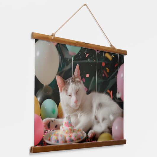 Schattige Cat Verjaardagsviering Ontwerp Hangend Wandkleed (Gebogen)
