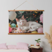 Schattige Cat Verjaardagsviering Ontwerp Hangend Wandkleed (Slaapkamer)