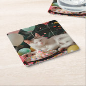 Schattige Cat Verjaardagsviering Ontwerp Kartonnen Onderzetters (Schuin)