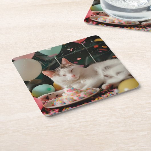 Schattige Cat Verjaardagsviering Ontwerp Kartonnen Onderzetters (Schuin)