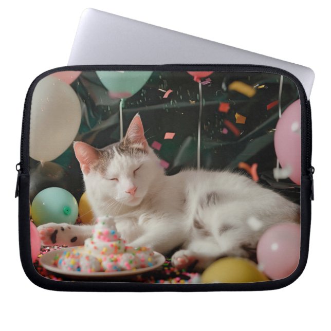 Schattige Cat Verjaardagsviering Ontwerp Laptop Sleeve (Voorkant)