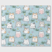 Schattige Cat Wrapping Paper - Cartoon Cats on Blu Cadeaupapier (Vlak)