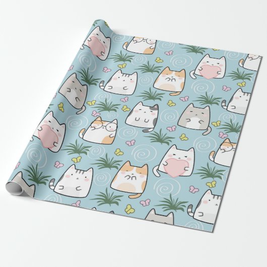 Schattige Cat Wrapping Paper - Cartoon Cats on Blu Cadeaupapier (Uitgerold)