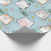 Schattige Cat Wrapping Paper - Cartoon Cats on Blu Cadeaupapier (Hoek)