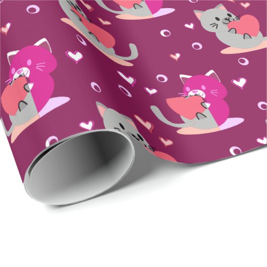 Schattige Cat Wrapping Paper – Whimsical Hearts De Cadeaupapier (Rol Hoek)