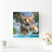 Schattige Cat Zwemmen Duiken in Zwembad Grappig Vierkante Klok (Huis)