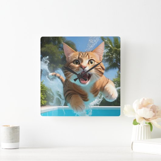 Schattige Cat Zwemmen Duiken in Zwembad Grappig Vierkante Klok (Huis)