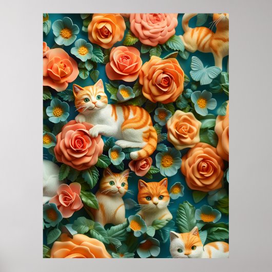 Schattige Cats and Flowers Design Poster (Voorkant)