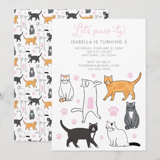 Schattige Cats Laten we Pawty Kids Verjaardagsuitn Kaart (Voorkant / Achterkant)