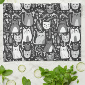 Schattige Cats Pattern Botanische Bloemen Zwart-wi Theedoek (Gevouwen)
