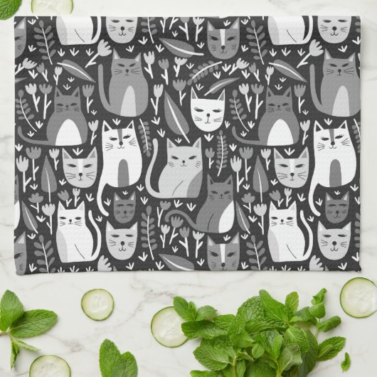 Schattige Cats Pattern Botanische Bloemen Zwart-wi Theedoek (Gevouwen)