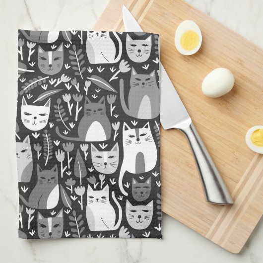 Schattige Cats Pattern Botanische Bloemen Zwart-wi Theedoek (Quarter Fold)