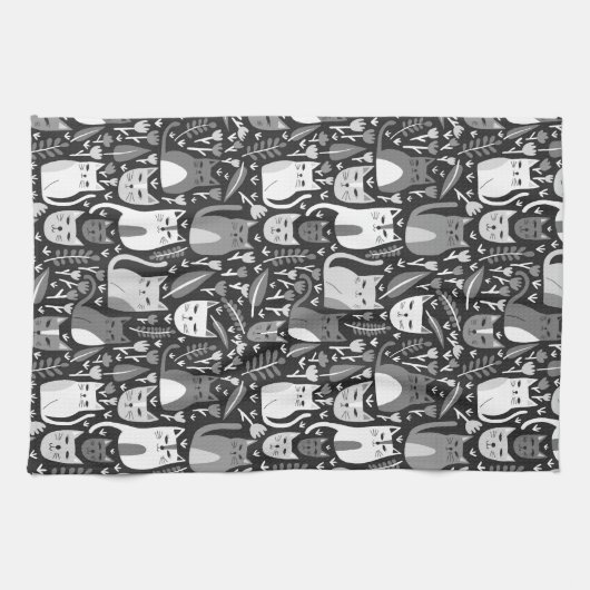 Schattige Cats Pattern Botanische Bloemen Zwart-wi Theedoek (Horizontaal)