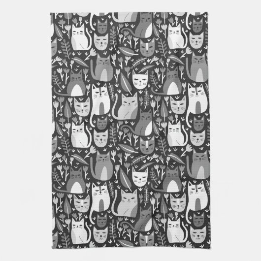 Schattige Cats Pattern Botanische Bloemen Zwart-wi Theedoek (Verticaal)
