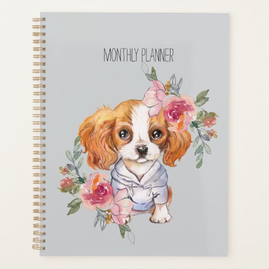 Schattige Cavalier King Charles Spaniel en Bloemen Planner (Voorkant)