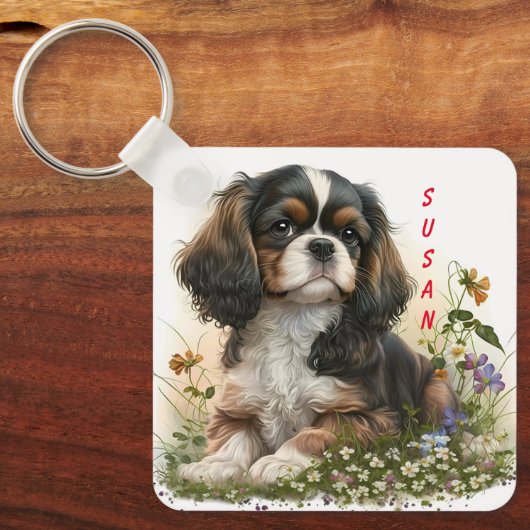 Schattige Cavalier Spaniel Puppy Dog Sleutelhanger (Voorkant)