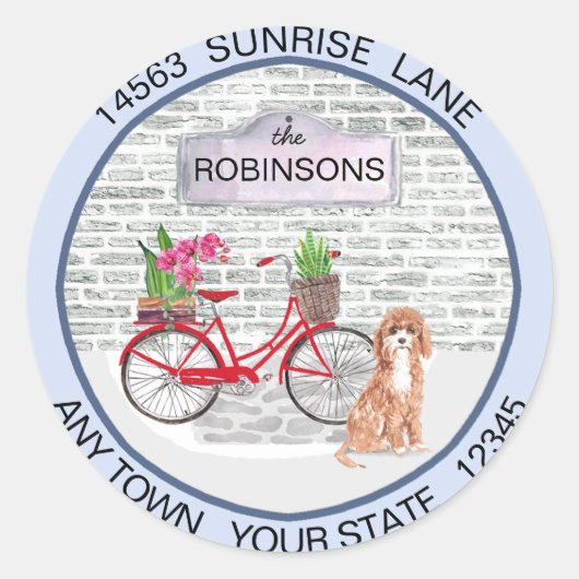 Schattige Cavapoo Dog Moving Bicycle Nieuw adres Ronde Sticker (Voorkant)