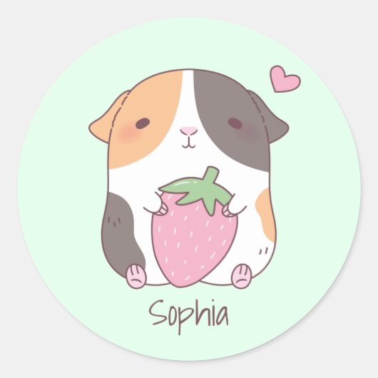 Schattige cavia en aardbei gepersonaliseerd ronde sticker (Voorkant)