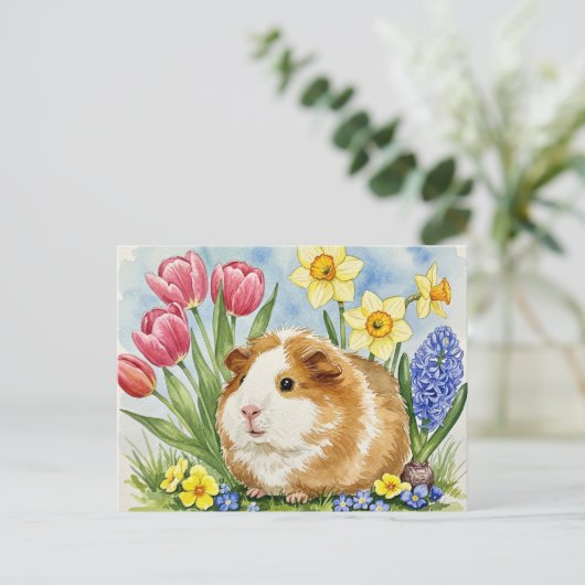 Schattige cavia met Spring Flowers Briefkaart (Staand voorkant)