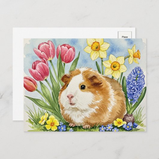 Schattige cavia met Spring Flowers Briefkaart (Voorkant / Achterkant)