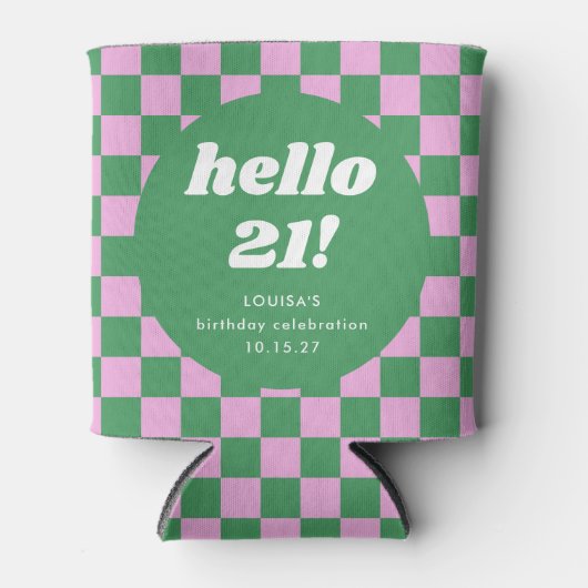 Schattige Checkerboard Roze Groen 21e Verjaardag C Blikjeskoeler (Voorkant)