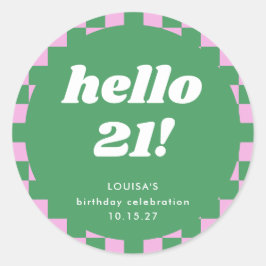 Schattige Checkerboard Roze Groen 21e Verjaardag C Ronde Sticker