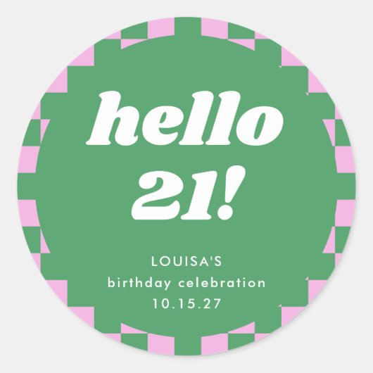 Schattige Checkerboard Roze Groen 21e Verjaardag C Ronde Sticker (Voorkant)