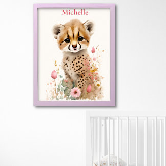 Schattige Cheeta Welp Pastel Waterverf Lente Bloem Poster