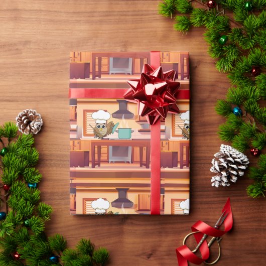 Schattige Chef Uil Koken in Keuken Cadeaupapier (Feestdagen Geschenken)