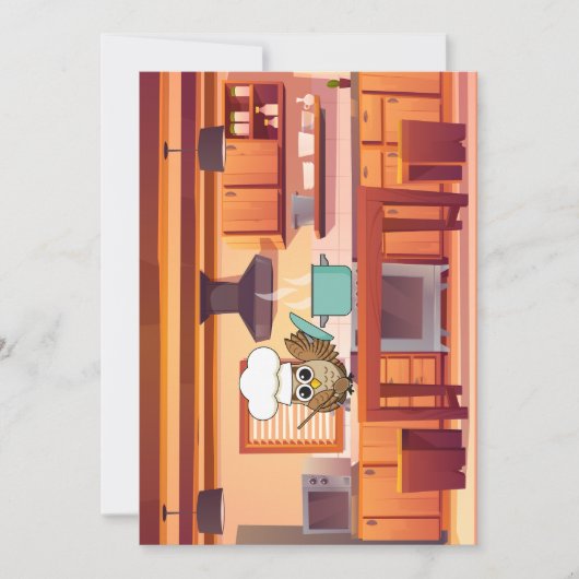 Schattige Chef Uil Koken in Keuken Feestdagenkaart (Voorkant)