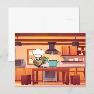 Schattige Chef Uil Koken in Keuken Feestdagenkaart