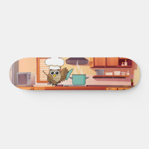 Schattige Chef Uil Koken in Keuken Persoonlijk Skateboard