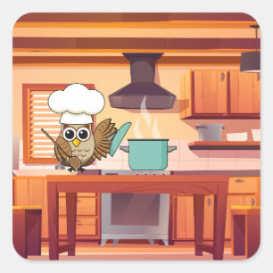 Schattige Chef Uil Koken in Keuken Vierkante Sticker