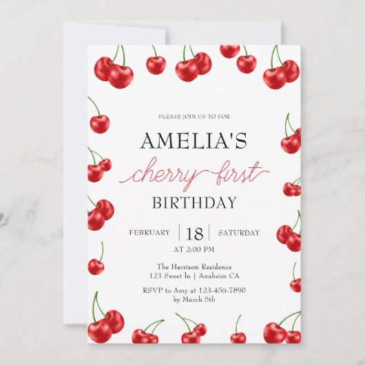 Schattige Cherry Meisje Berry Eerste Verjaardagsfe Kaart (Voorkant)