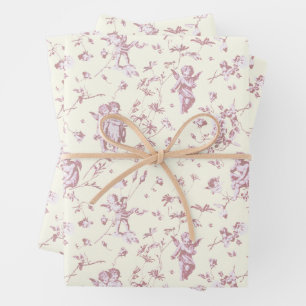 Schattige  Cherub Cupido Angels Roze Bloemen Toile Inpakpapier Vel